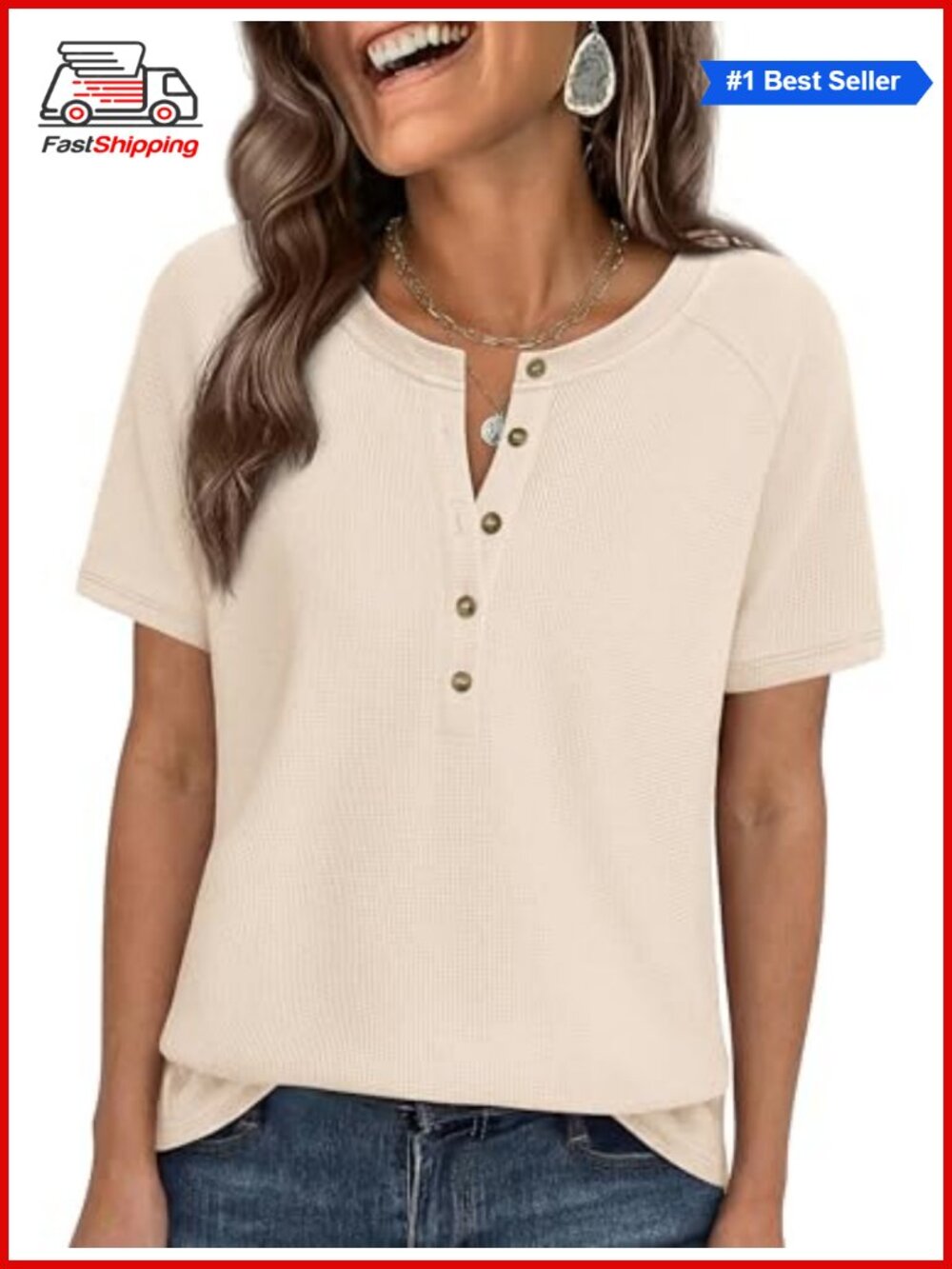 Waffle Knit Henley Shirt Short Sleeve Women T-Shirt Pullover Top